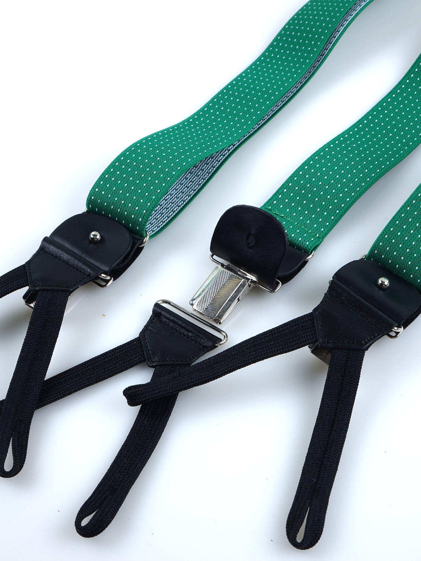 Y-shaped elastic polka dot suspenders with ties and clips ELASTIC Green