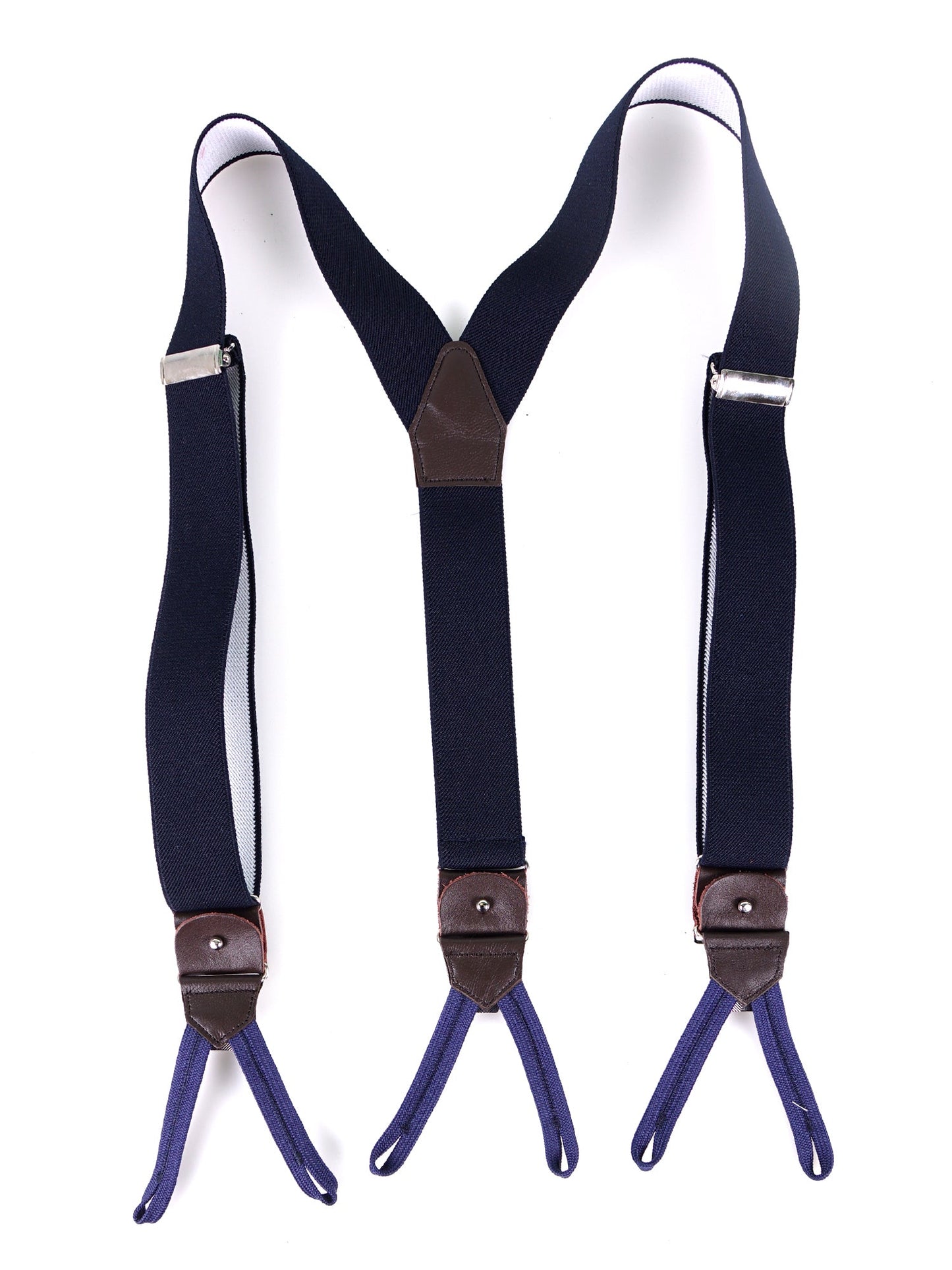 Bretella a Y in elastico blu scuro con lacci in tessuto blu e clip ELASTIC