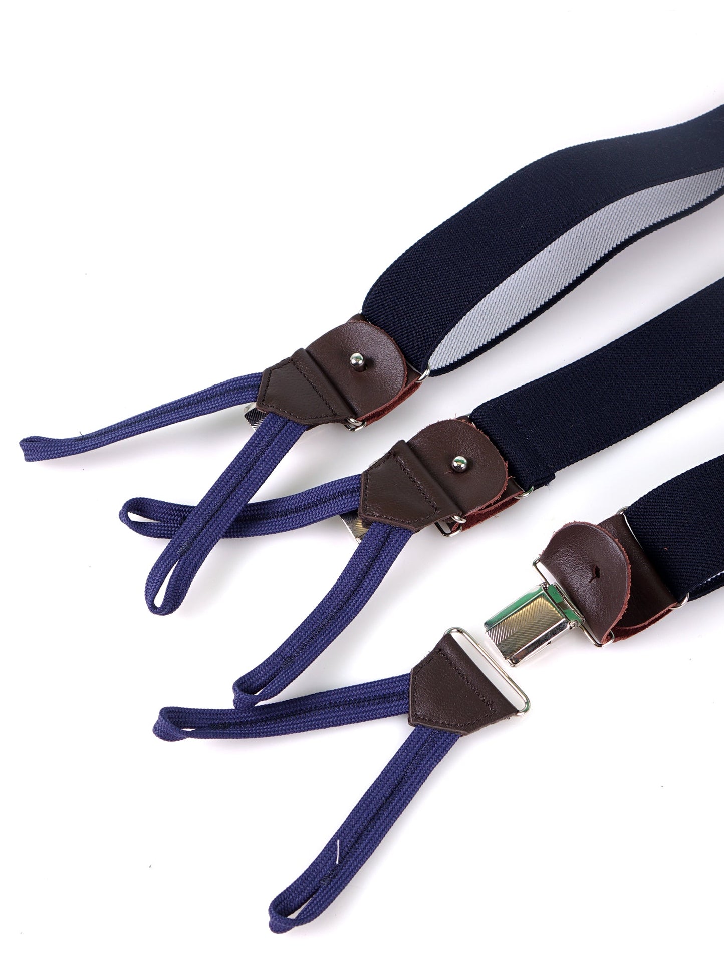 Bretella a Y in elastico blu scuro con lacci in tessuto blu e clip ELASTIC