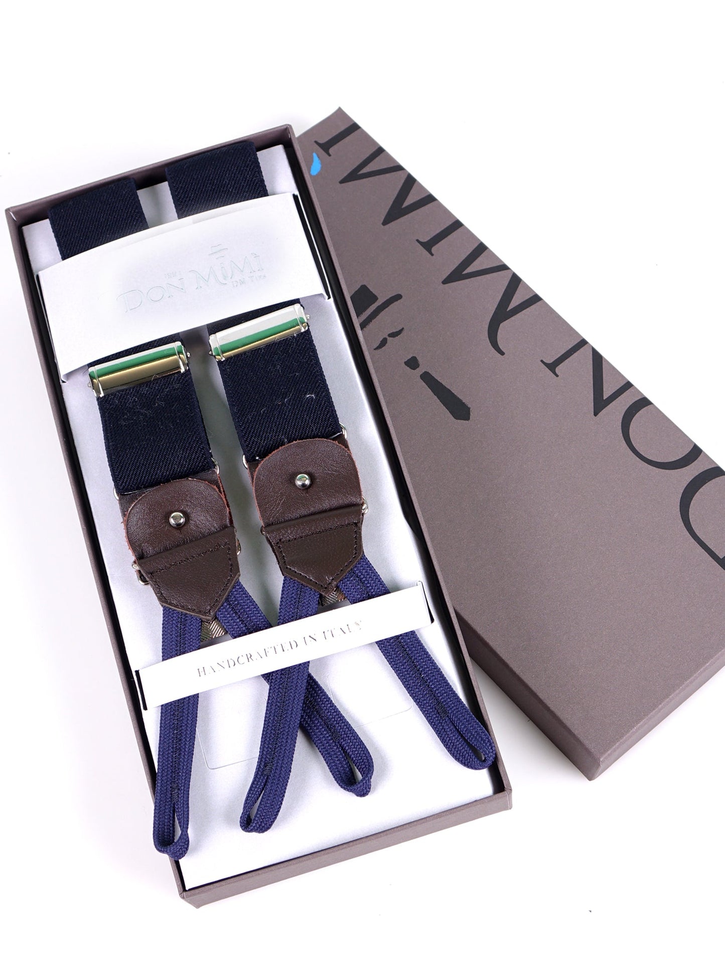 Bretella a Y in elastico blu scuro con lacci in tessuto blu e clip ELASTIC