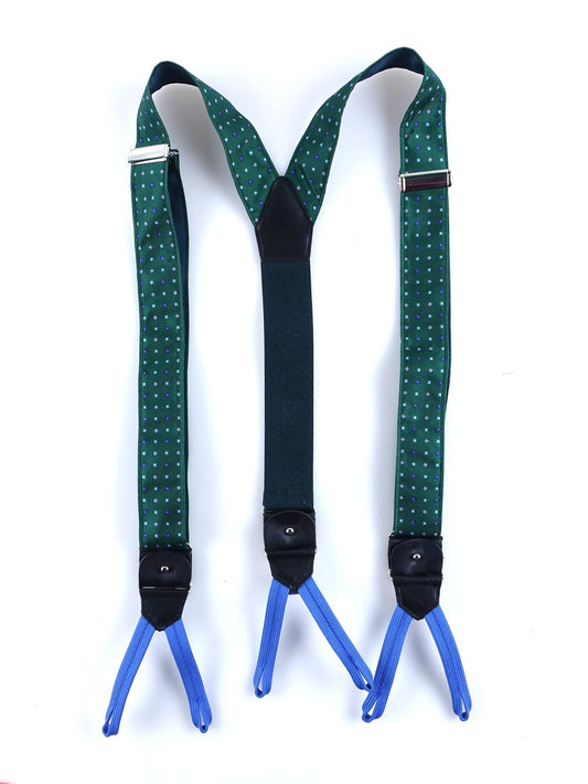 Hybrid suspenders with clips and button ends in English printed silk GIORGY Green