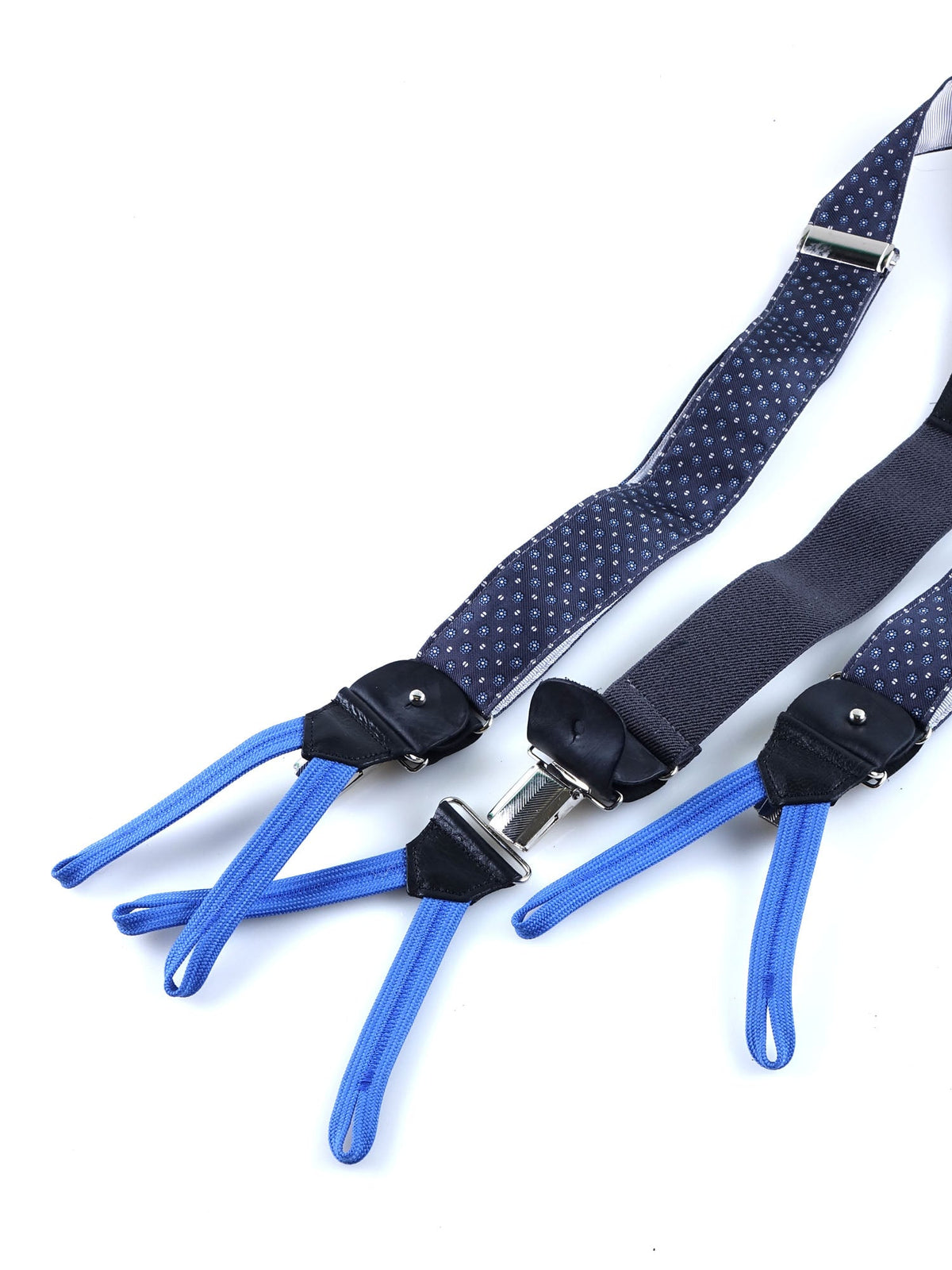 Hybrid suspenders with clips and straps in English printed silk ROSALBY Grey