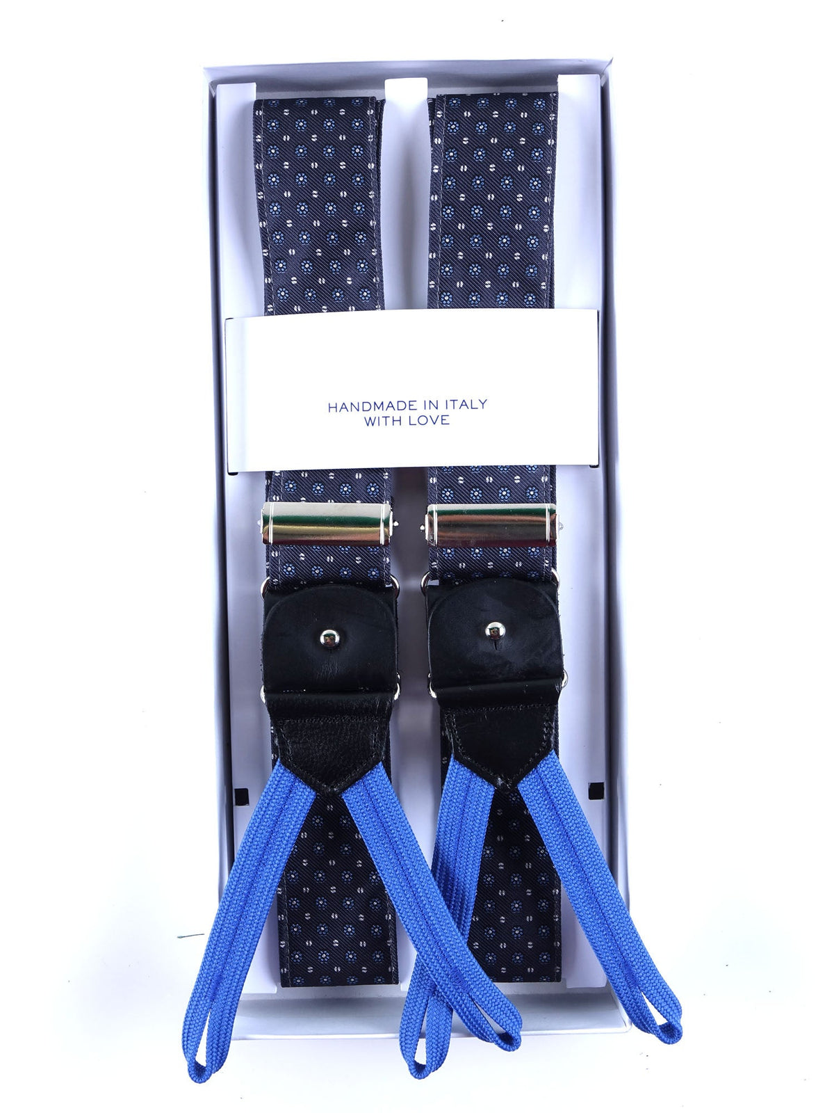 Hybrid suspenders with clips and straps in English printed silk ROSALBY Grey