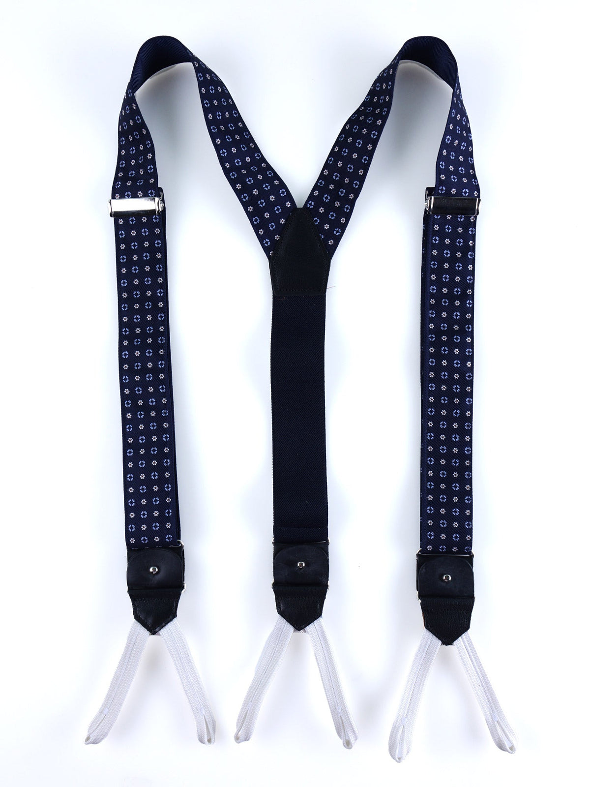 Hybrid suspenders with clips and laces in English printed silk WALERY Dark Blue