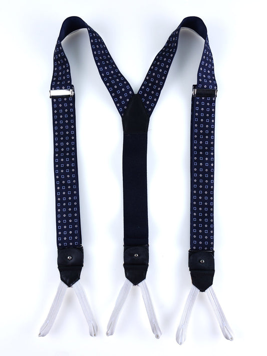 Hybrid suspenders with clips and laces in English printed silk WALERY Dark Blue