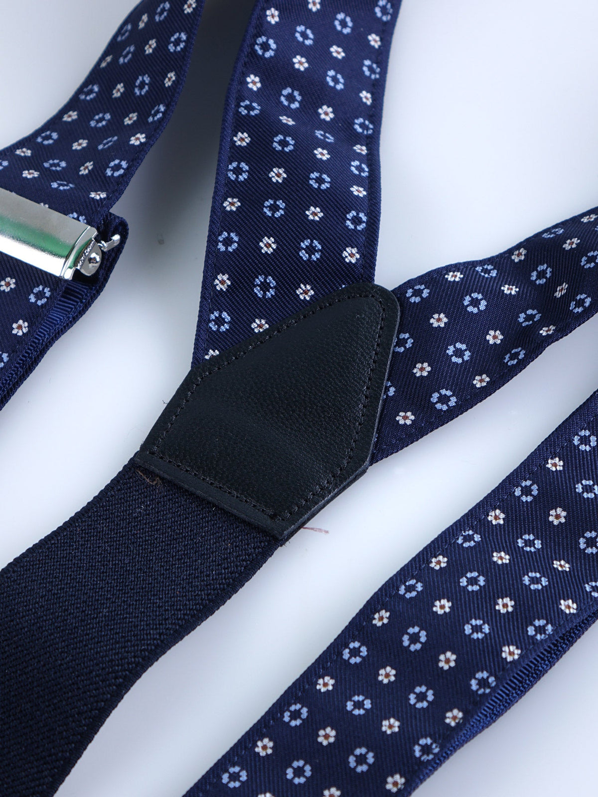 Hybrid suspenders with clips and laces in English printed silk WALERY Dark Blue