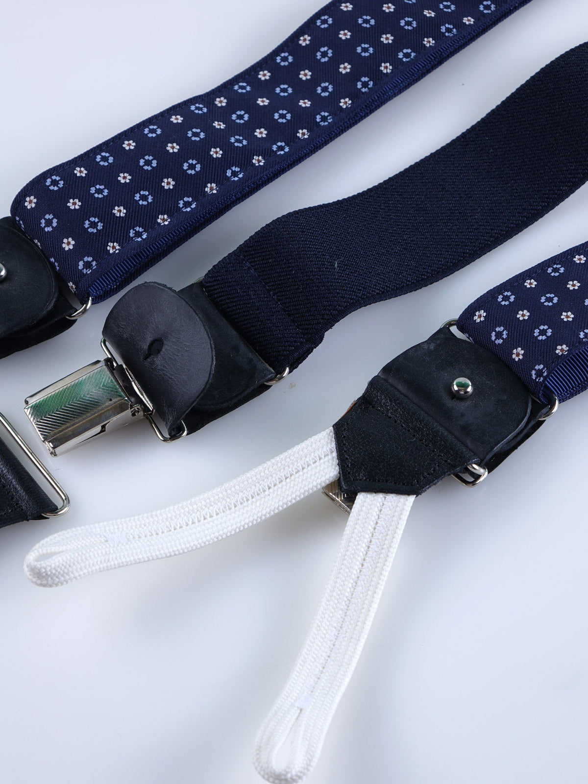 Hybrid suspenders with clips and laces in English printed silk WALERY Dark Blue