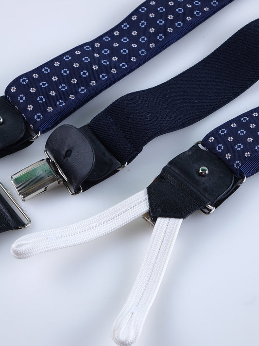 Hybrid suspenders with clips and laces in English printed silk WALERY Dark Blue
