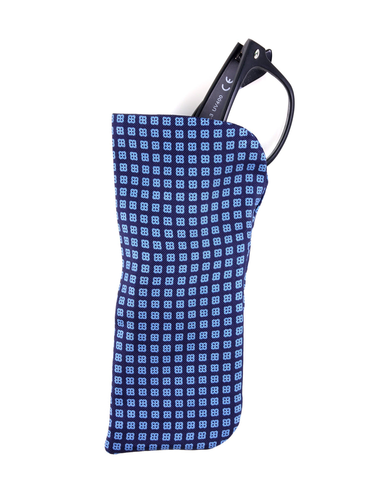 Navy blue CITRO glasses case in printed English silk