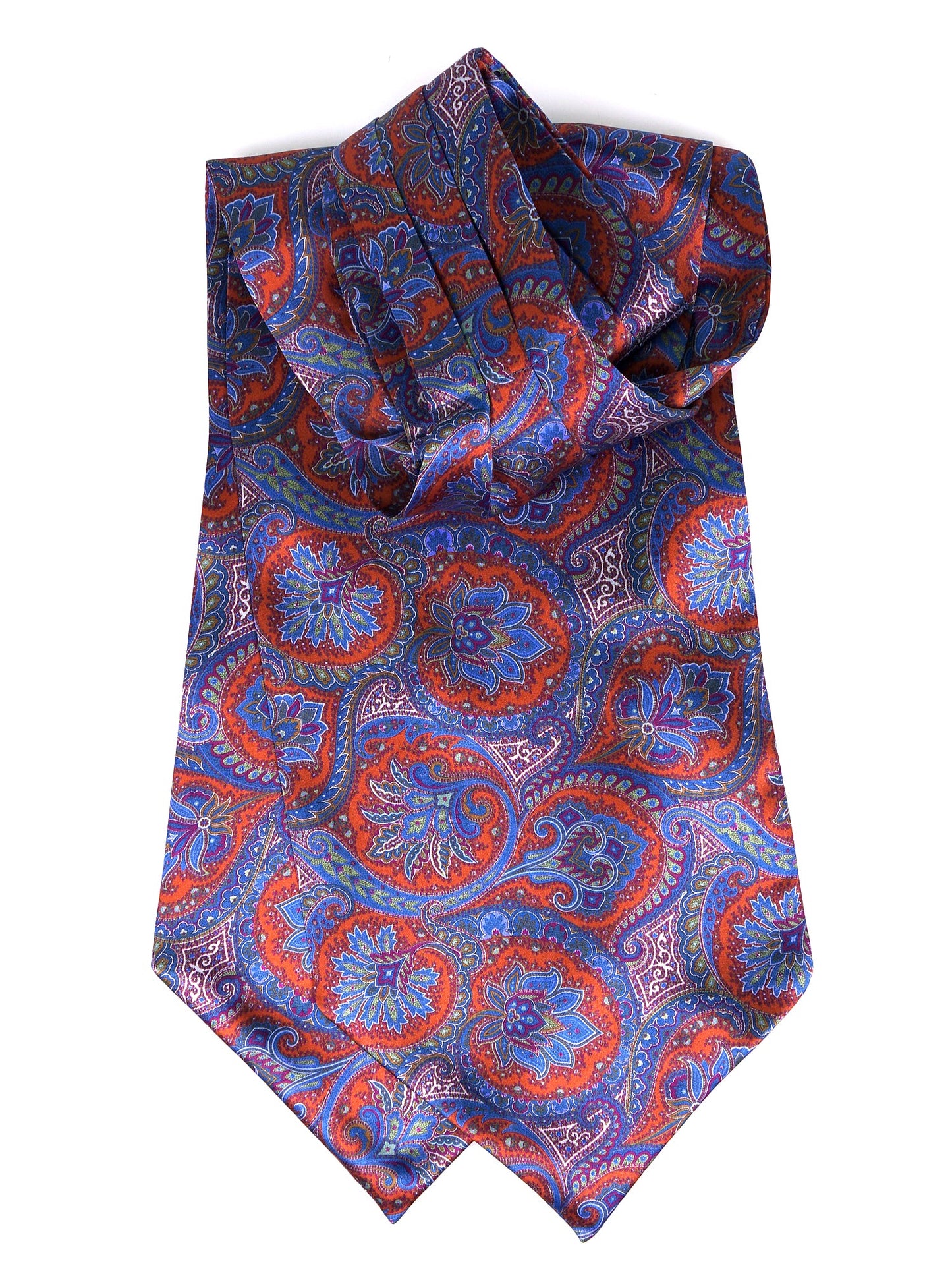 Blue double-pointed ascot in printed silk satin CLARA