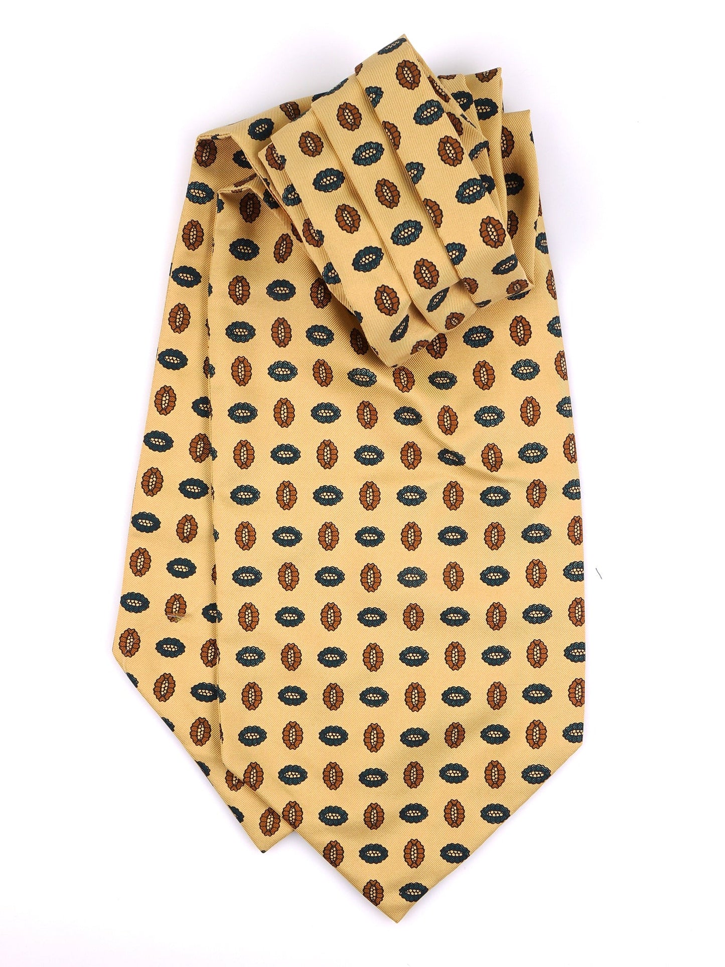 Yellow double-point ascot in printed English silk COFFEE