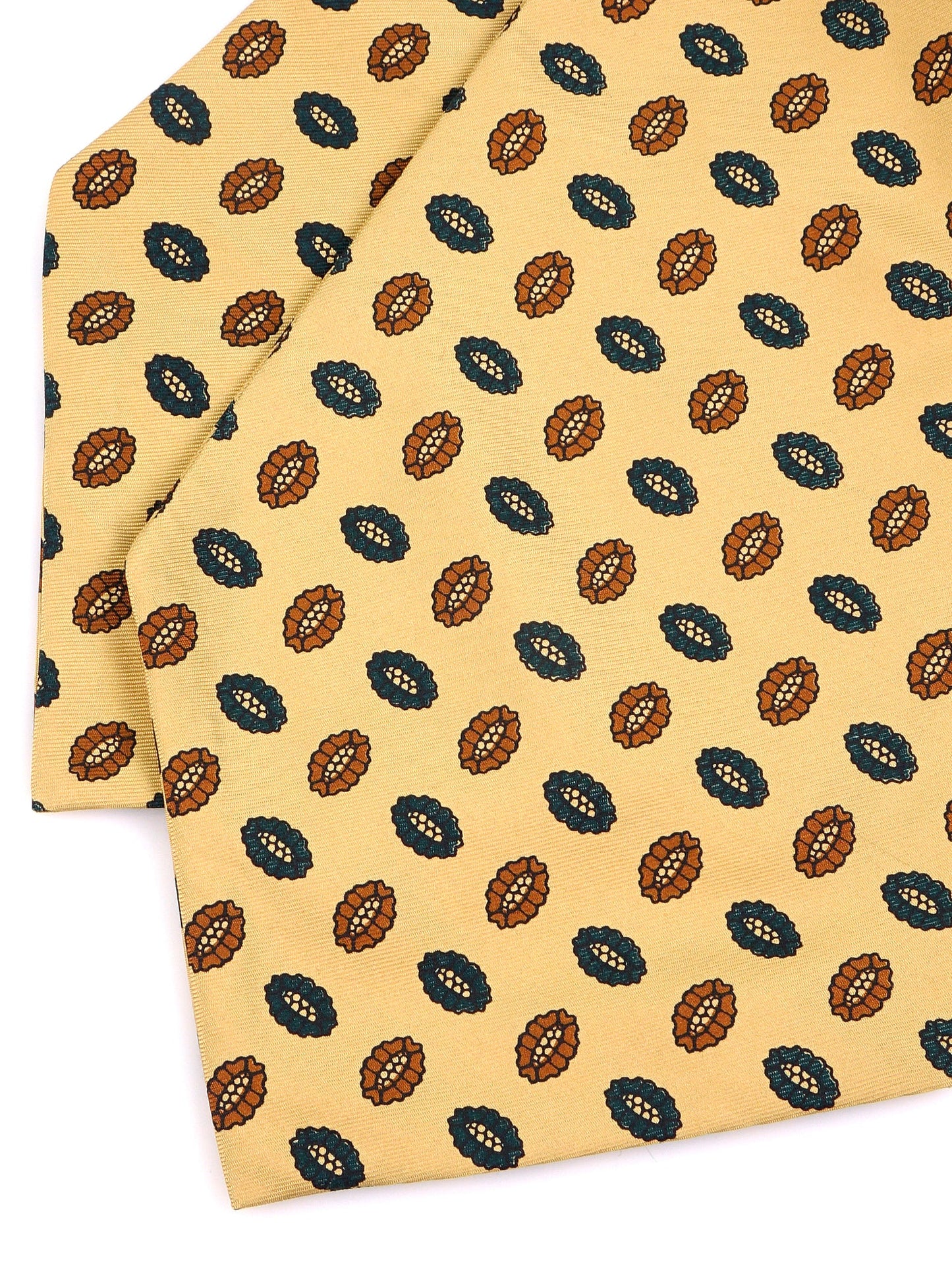Yellow double-point ascot in printed English silk COFFEE