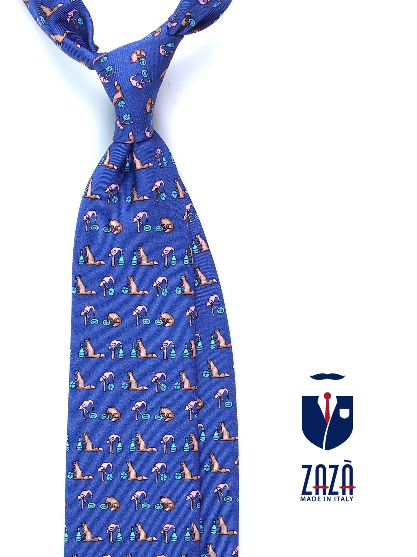 Blue Aviation Tie 3 Folds FENICOTTERO in Printed Silk
