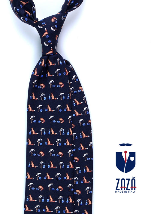 Blue 3 Folds FENICOTTERO Printed Silk Tie