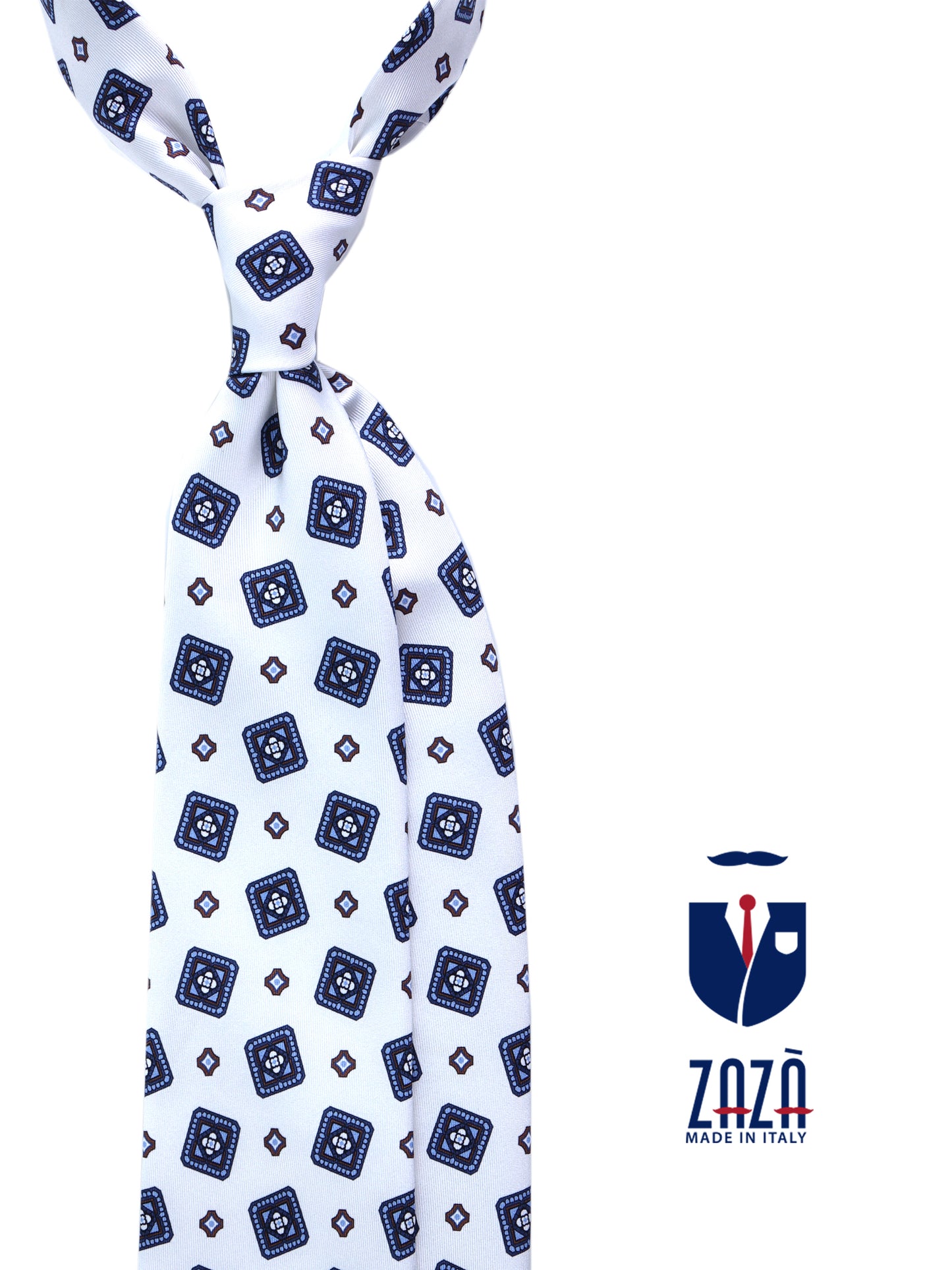 White 3 fold printed silk tie DANIELA