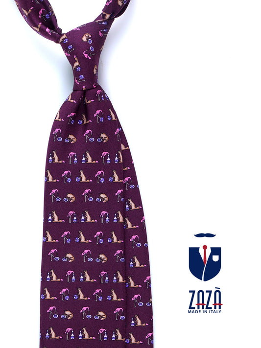 Burgundy Tie 3 Folds FENICOTTERO in Printed Silk