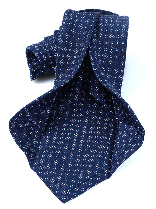 Dark Blue 7 Folds PISTOIA Luxury English Printed Silk Tie
