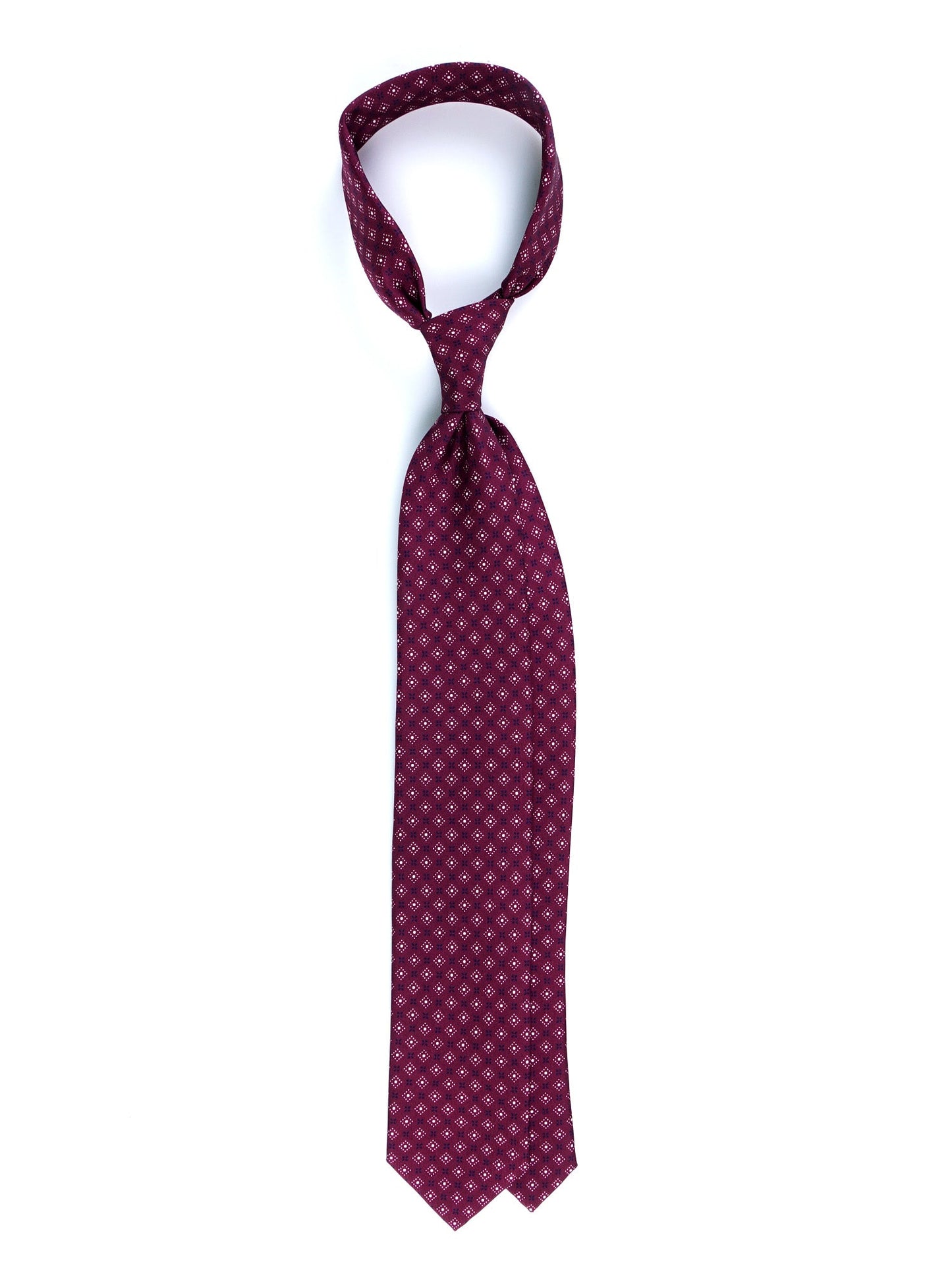 Burgundy 7 fold tie PISTOIA in luxury printed silk