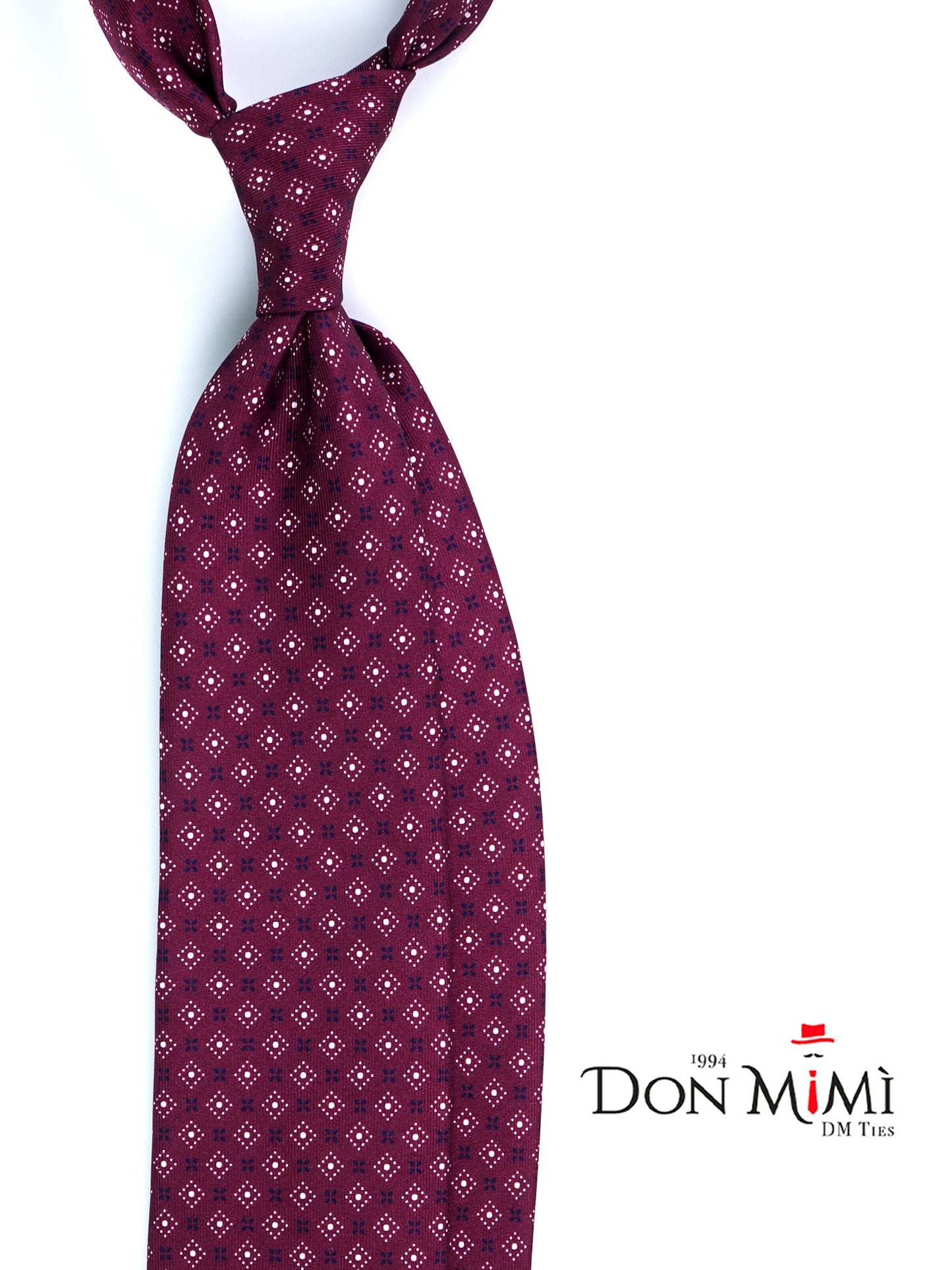 Burgundy 7 fold tie PISTOIA in luxury printed silk