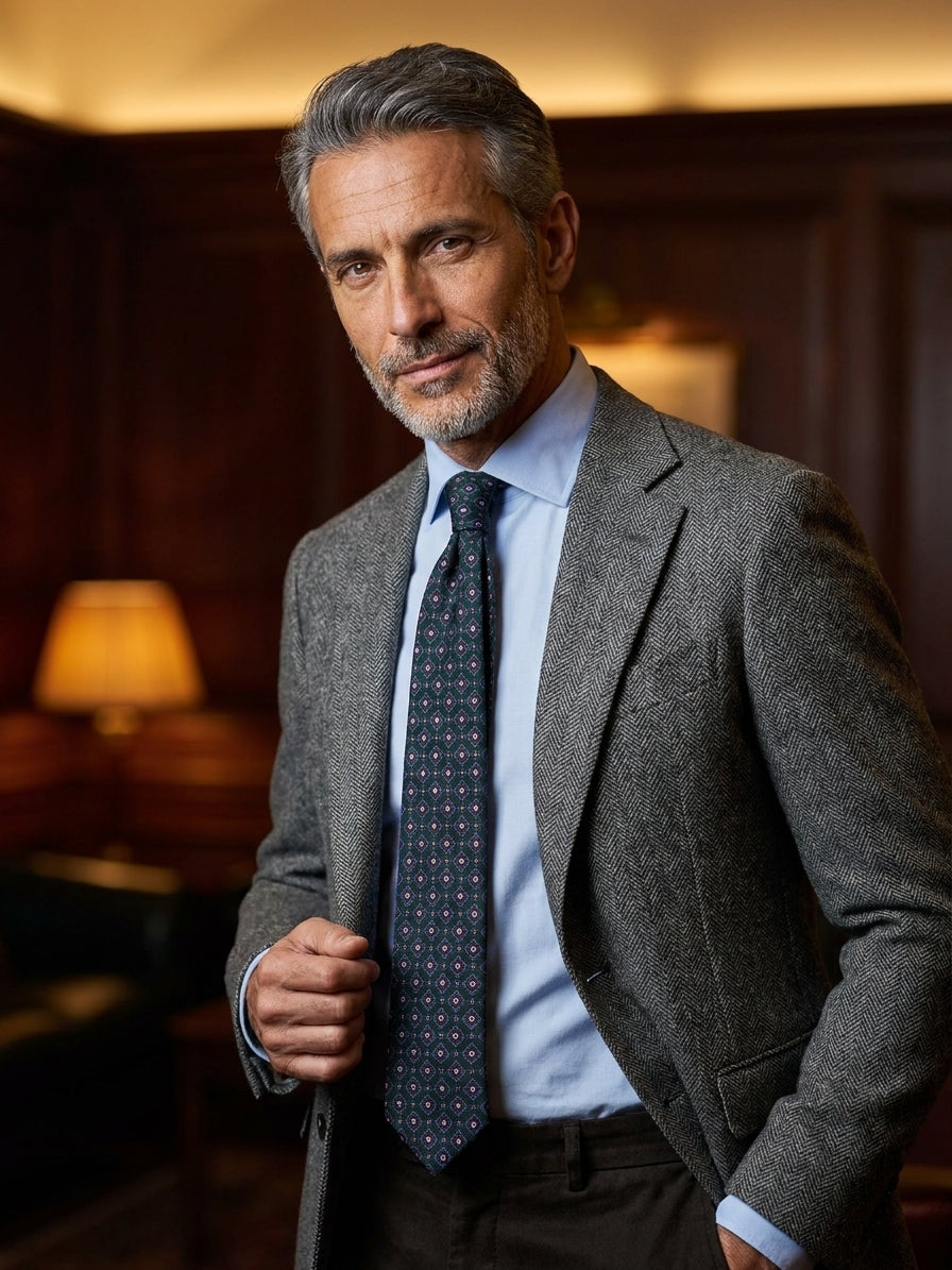 FABIO 3-fold tie in printed forest green challis wool