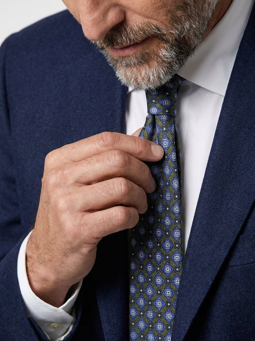 FABIO 3-fold tie in green printed challis wool