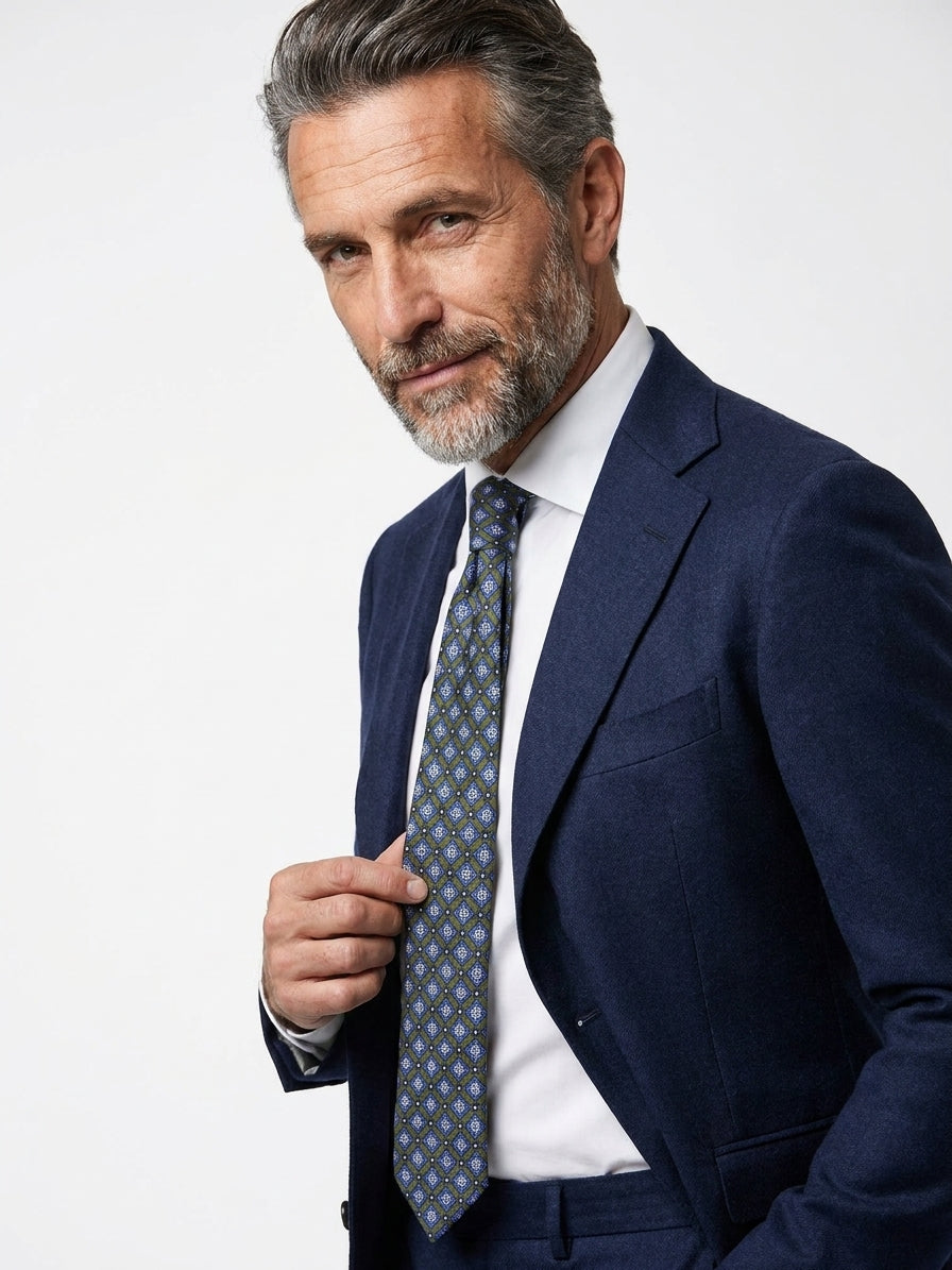 FABIO 3-fold tie in green printed challis wool
