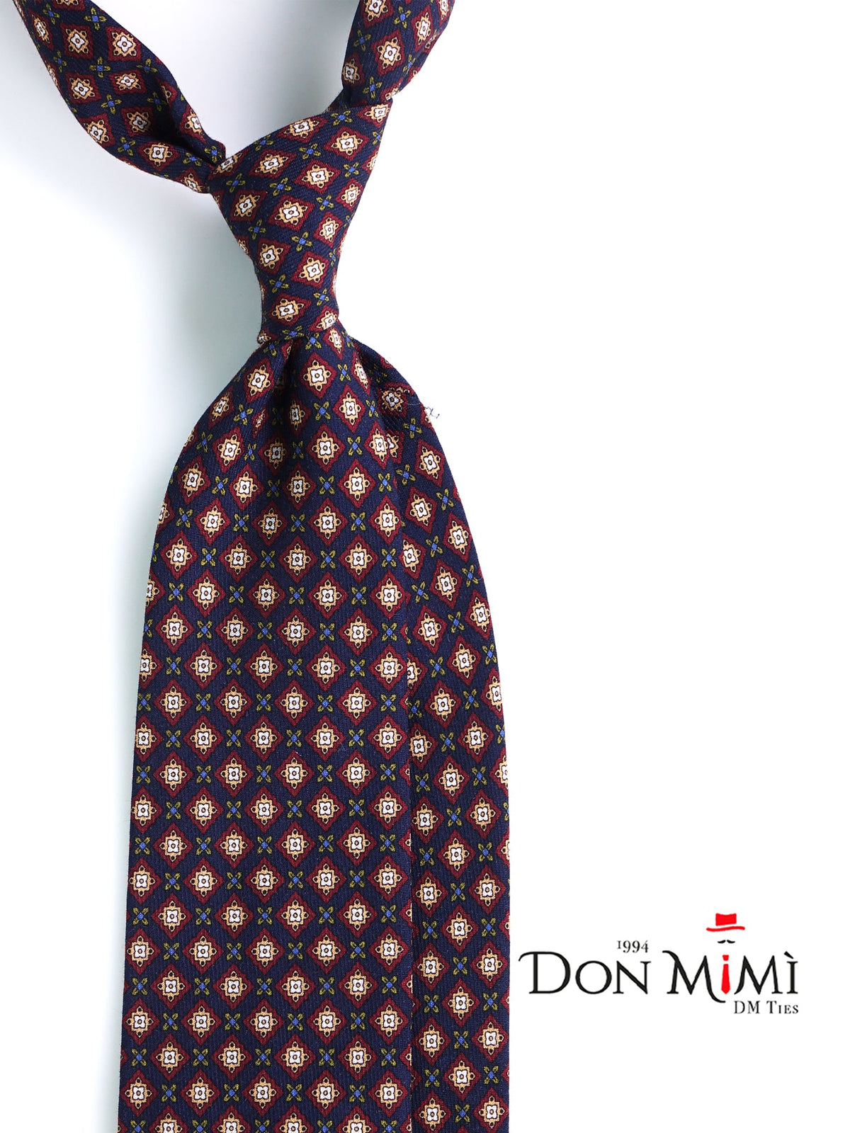 FABIO 3-fold tie in printed navy blue wool challis