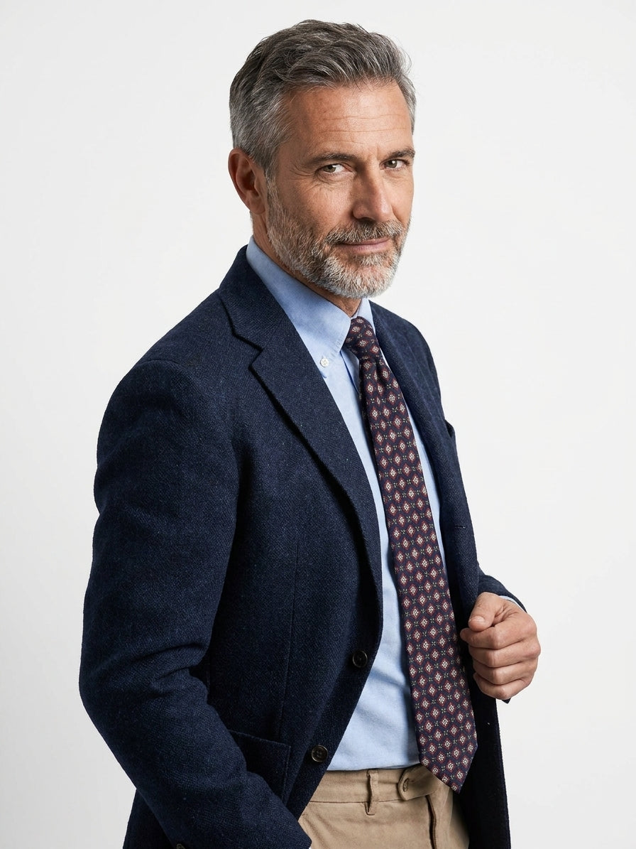 FABIO 3-fold tie in printed navy blue wool challis