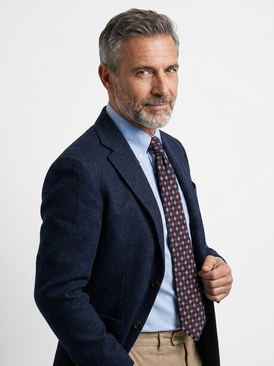 FABIO 3-fold tie in printed navy blue wool challis