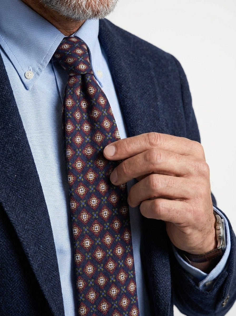 FABIO 3-fold tie in printed navy blue wool challis