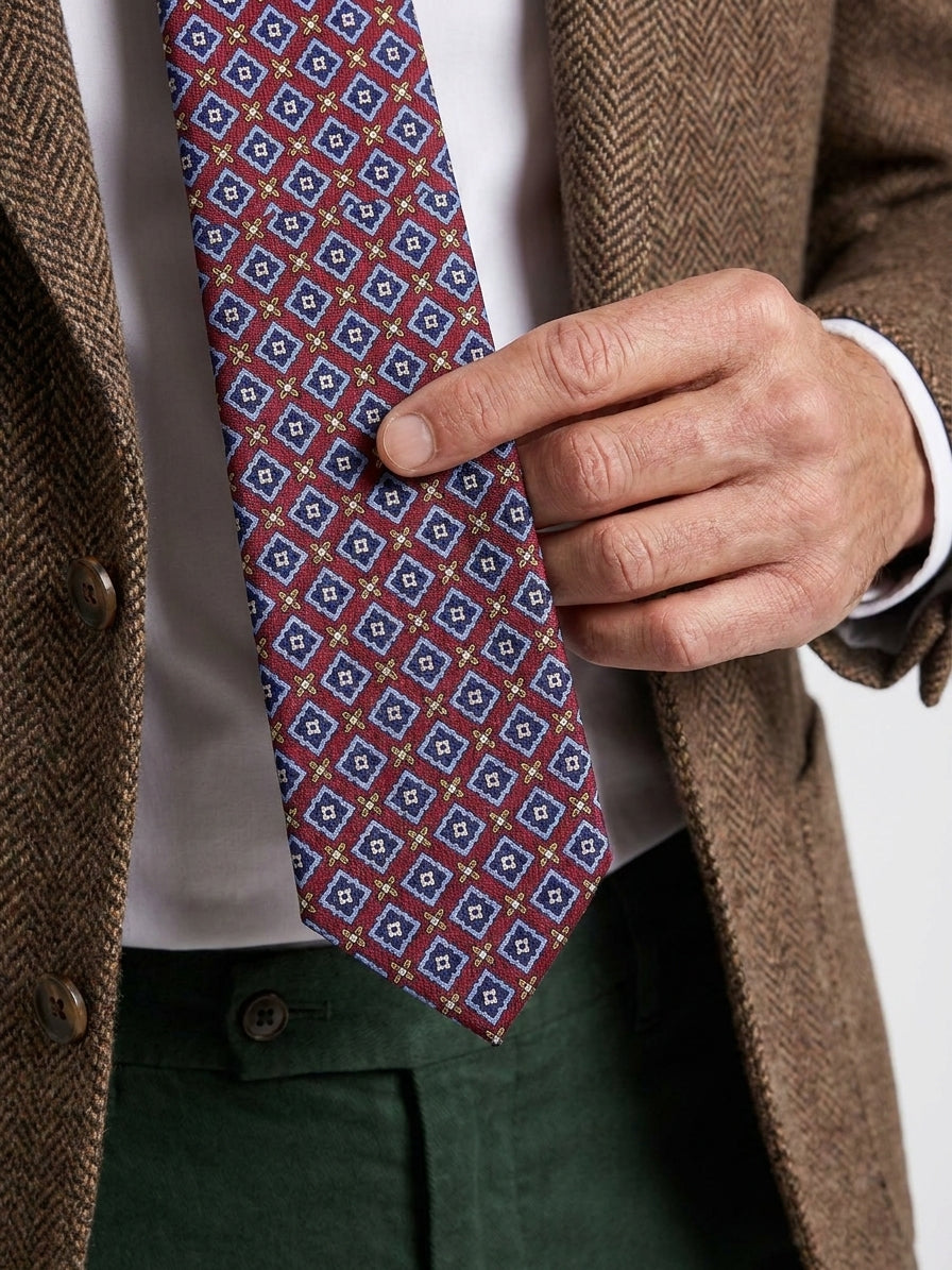 FABIO 3-fold tie in red printed wool challis