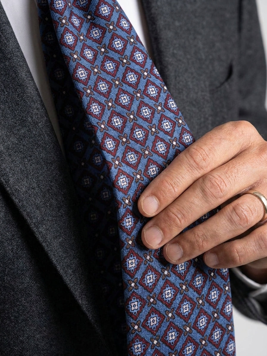 FABIO 3-fold light blue printed challis wool tie