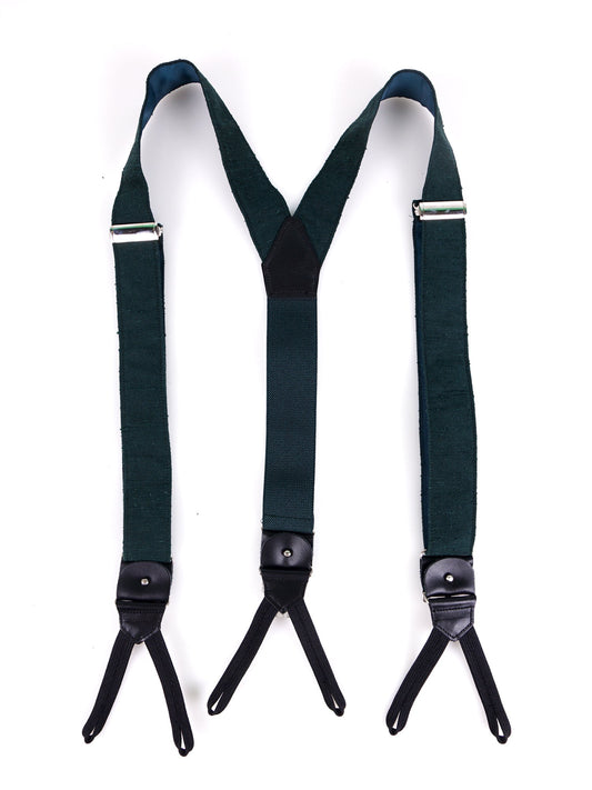 Green Shantung Silk Y-Back Suspenders with Fabric Ends and FARMA Clips