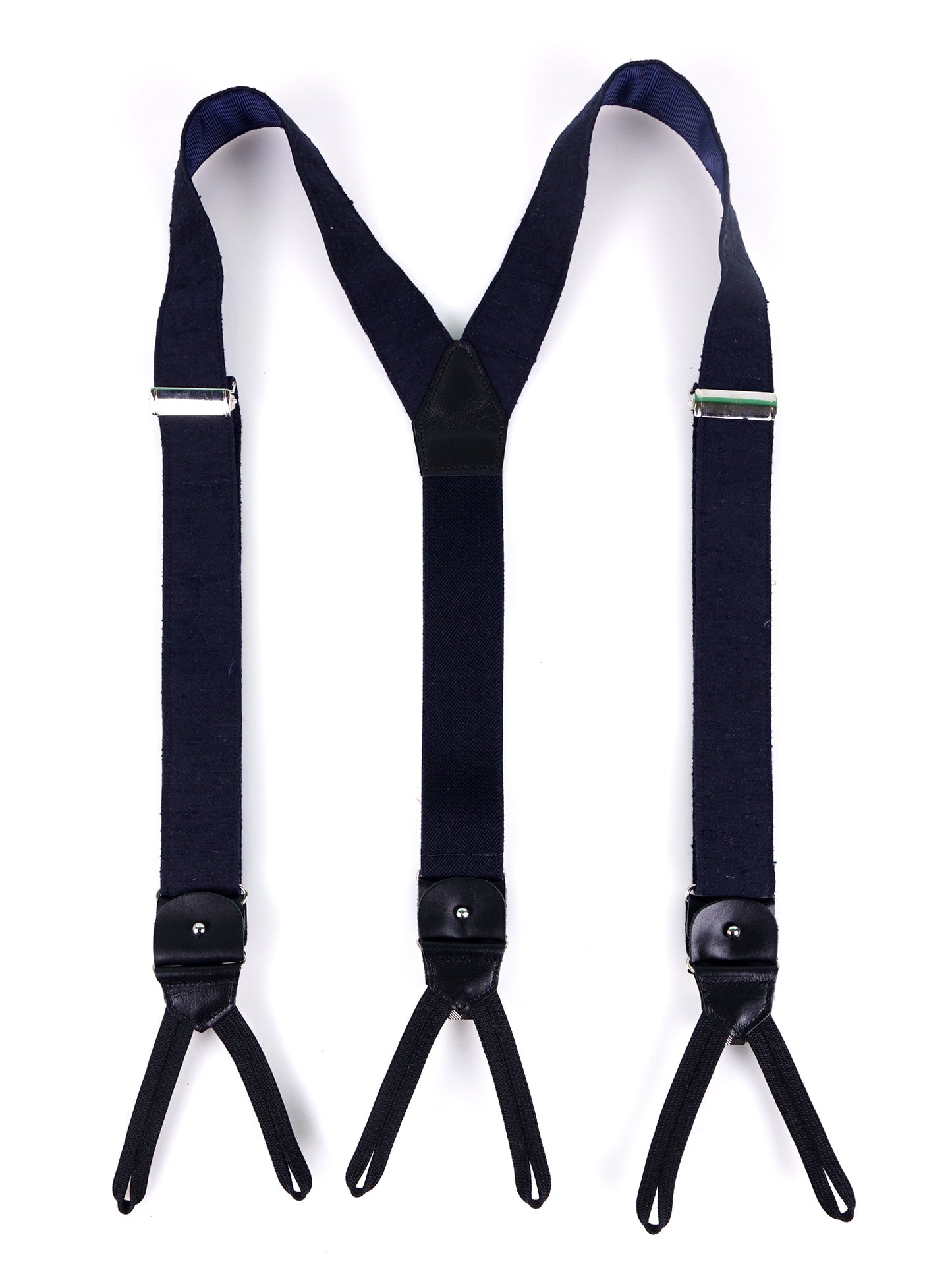 Bretella a Y in seta shantung blu scuro con lacci in tessuto neri e clip FARMA