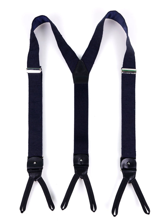 Bretella a Y in seta shantung blu scuro con lacci in tessuto neri e clip FARMA