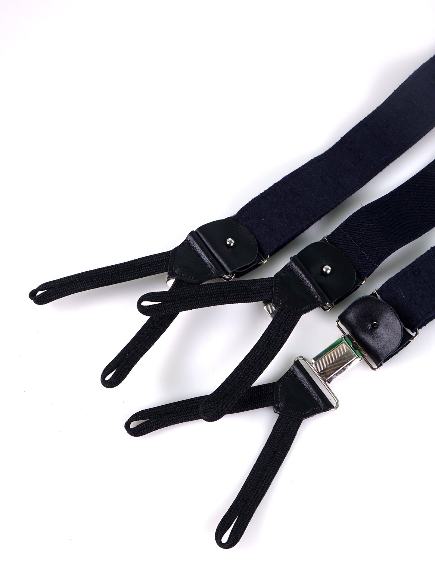 Bretella a Y in seta shantung blu scuro con lacci in tessuto neri e clip FARMA