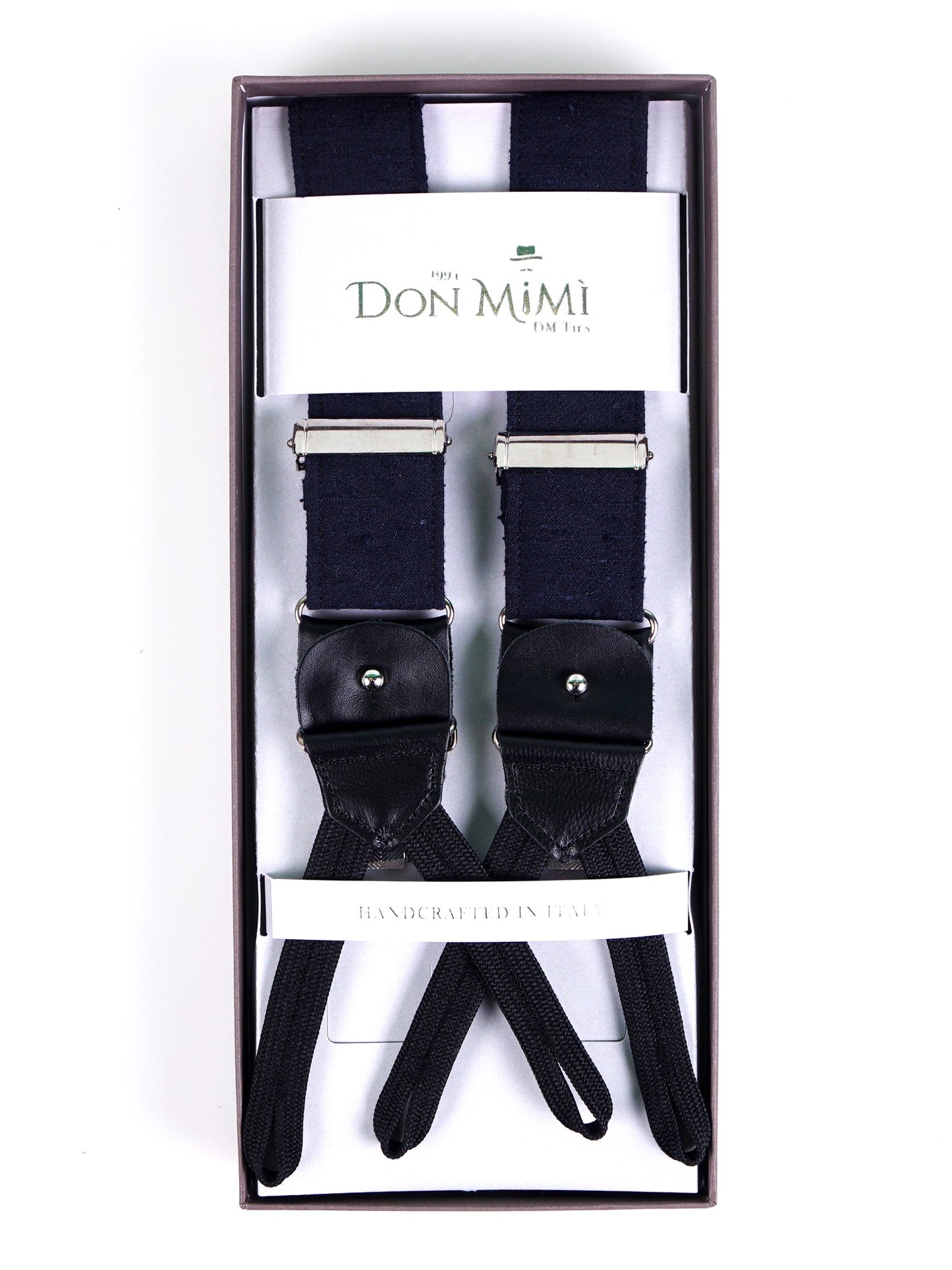 Bretella a Y in seta shantung blu scuro con lacci in tessuto neri e clip FARMA