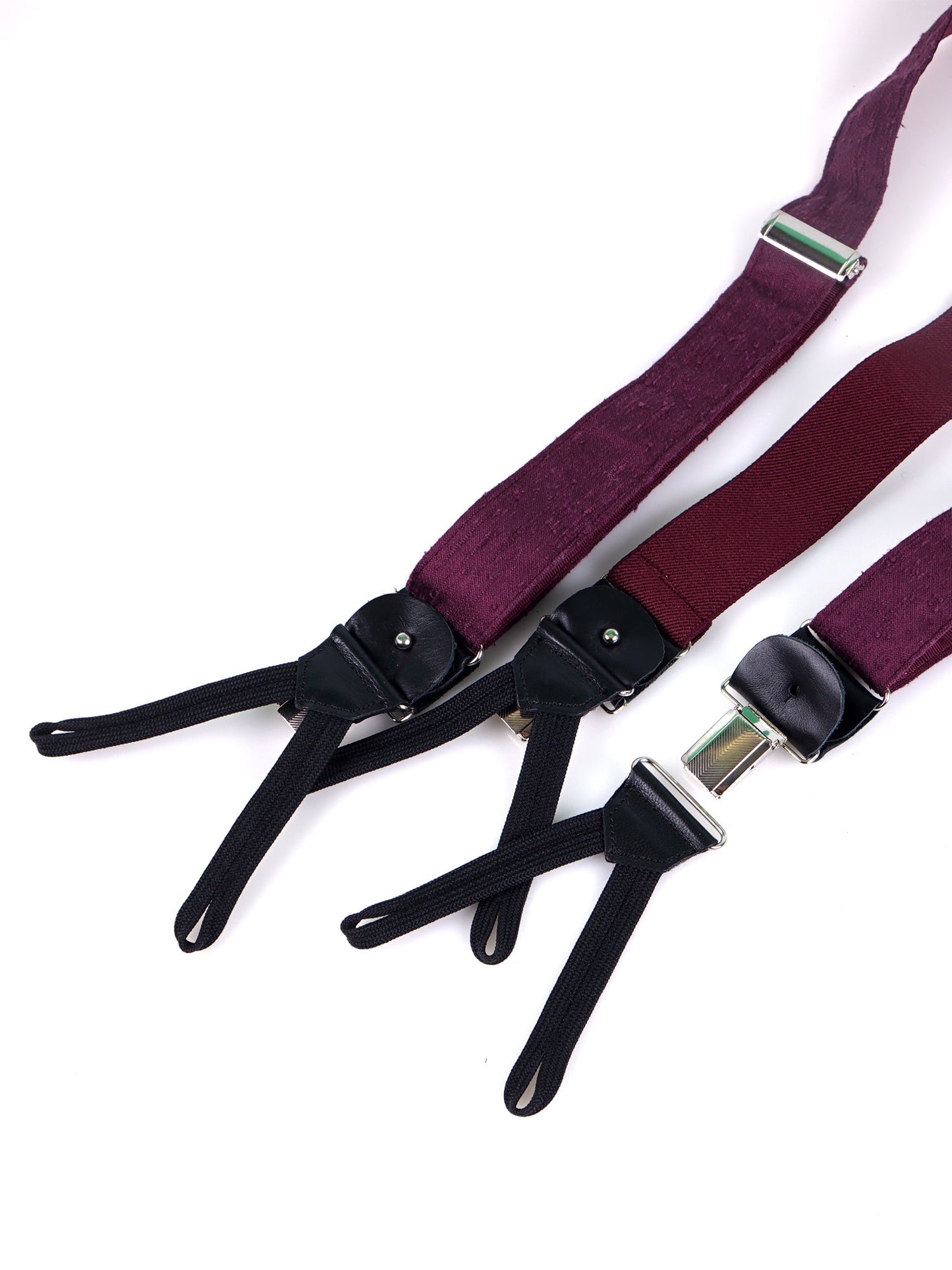 Purple Shantung Silk Y-Back Suspenders with Fabric Ends and FARMA Clips