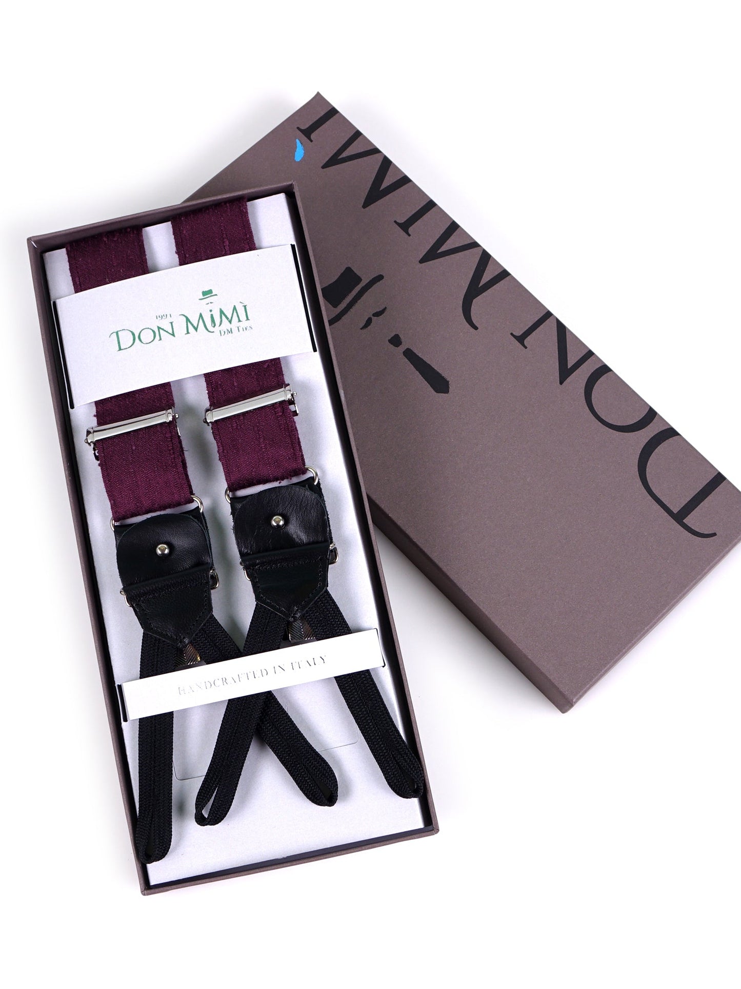 Purple Shantung Silk Y-Back Suspenders with Fabric Ends and FARMA Clips