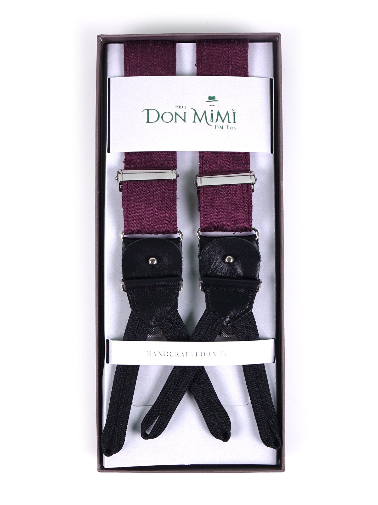 Purple Shantung Silk Y-Back Suspenders with Fabric Ends and FARMA Clips