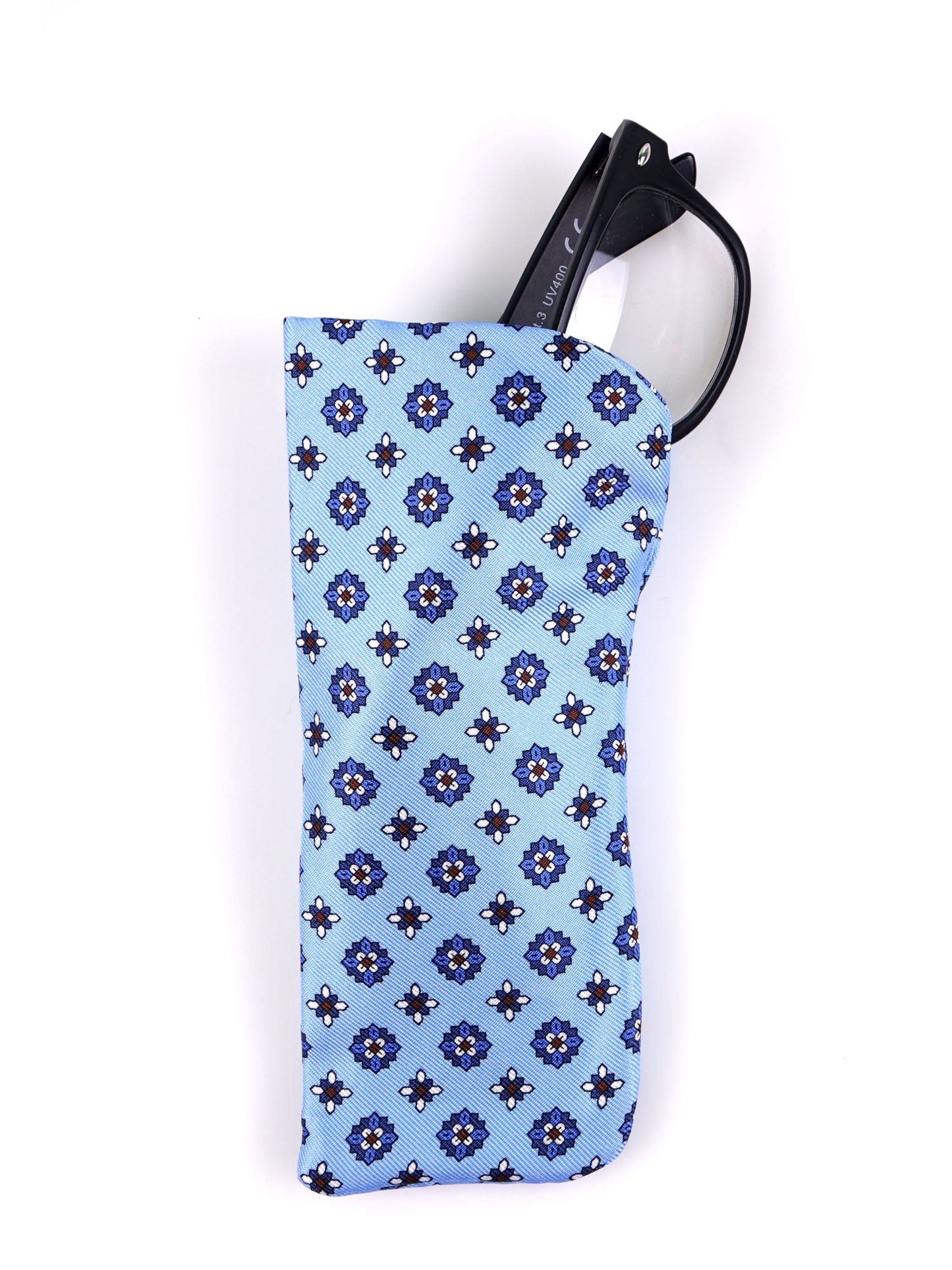 FAVOLA light blue eyeglass case in English printed silk