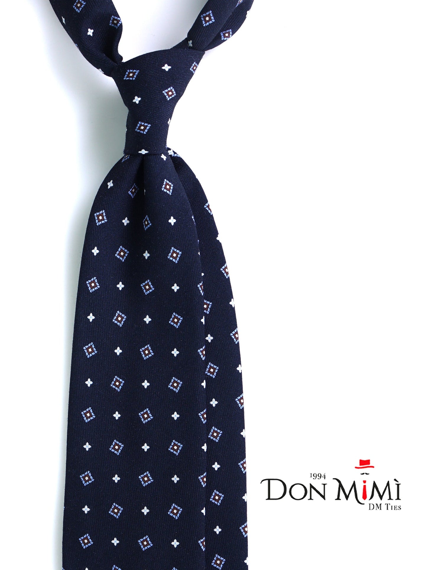 Dark Blue 3-fold FELIX Tie in Printed English Challis Wool