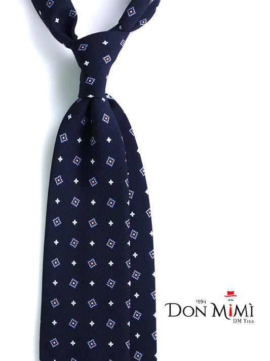 Dark Blue 3-fold FELIX Tie in Printed English Challis Wool