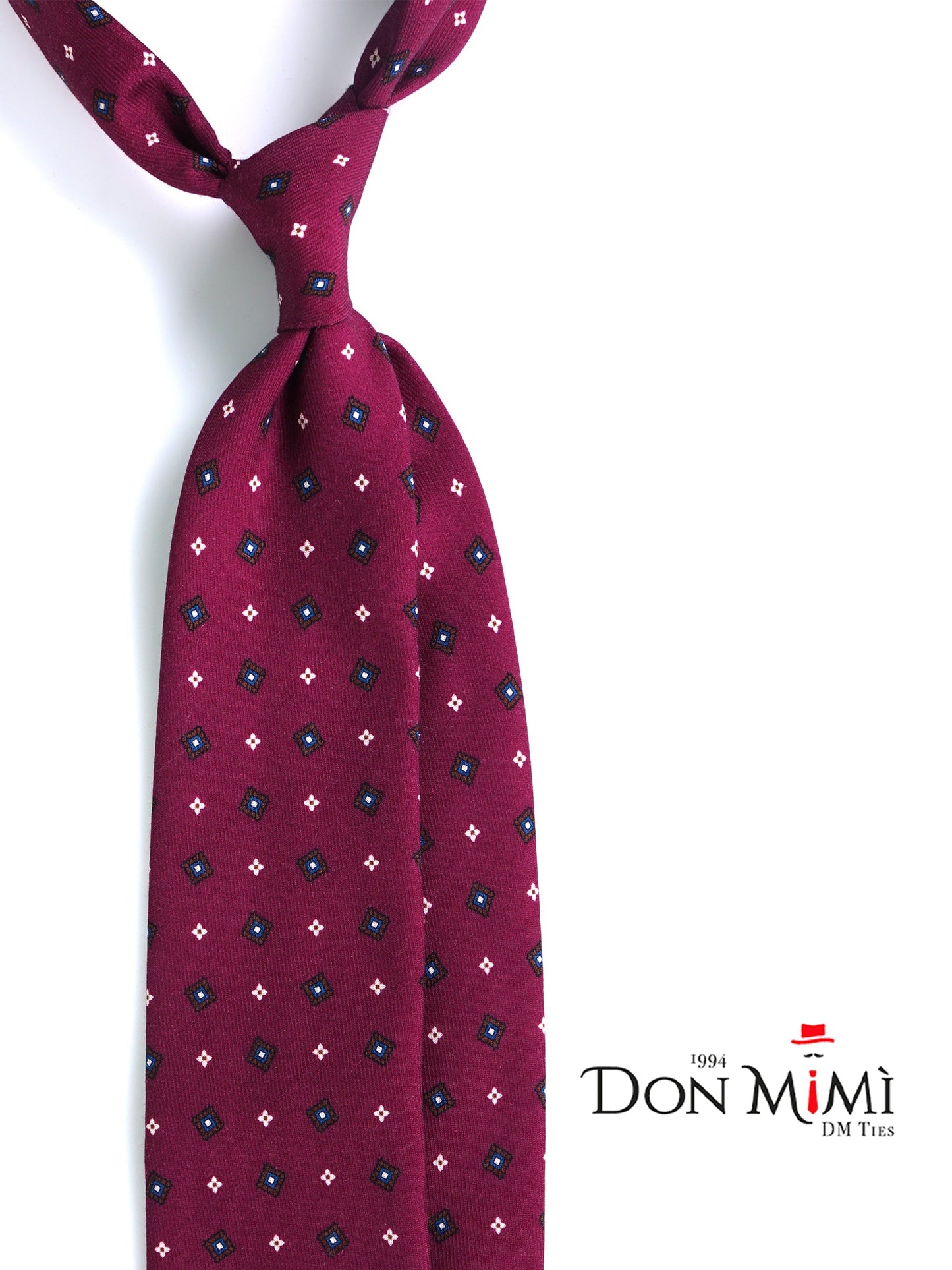 Burgundy 3 Fold FELIX Tie in English Printed Challis Wool