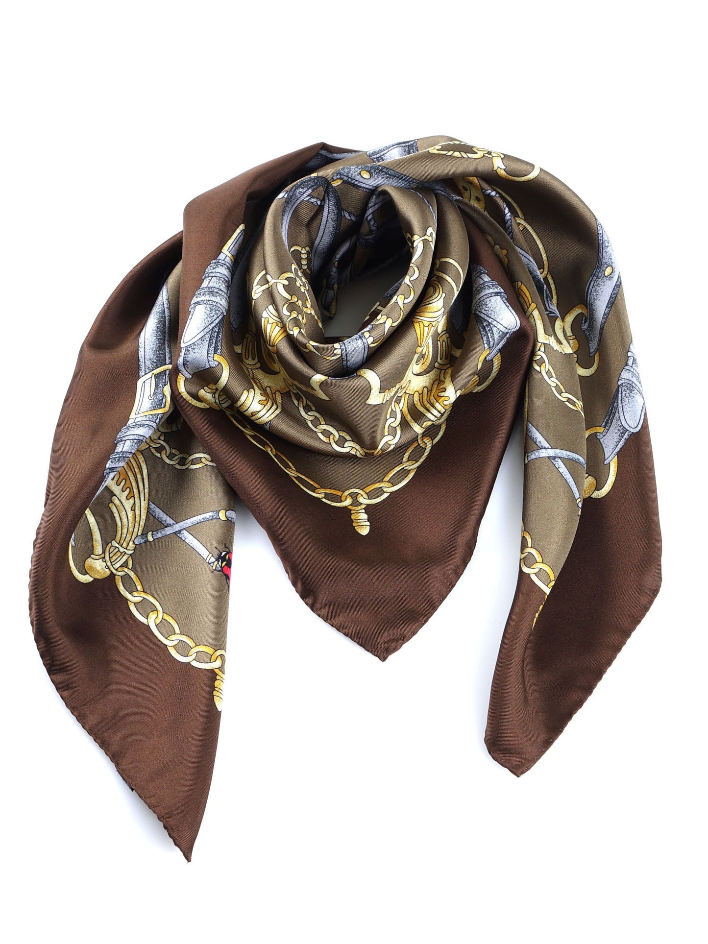 Brown Silk Scarf 90x90cm with Printed LADY BUGS