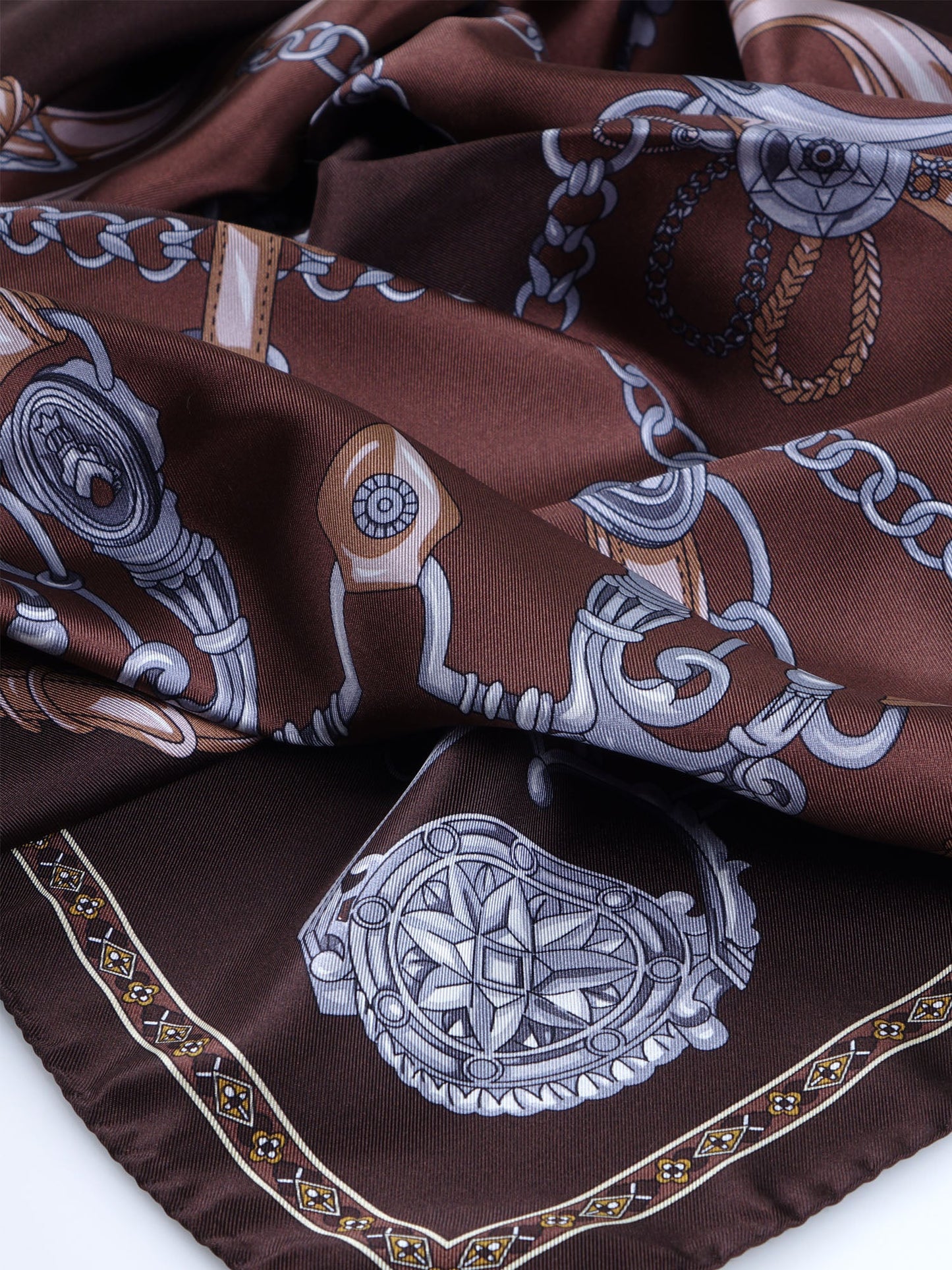 Brown silk printed scarf 90x90cm GOOD LUCK