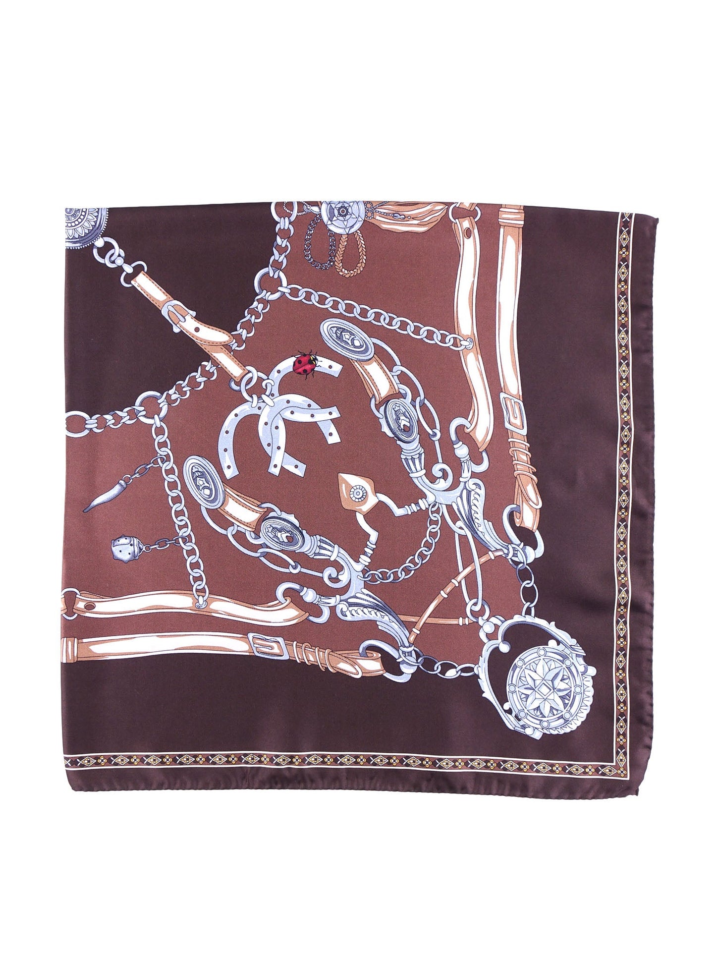 Brown silk printed scarf 90x90cm GOOD LUCK