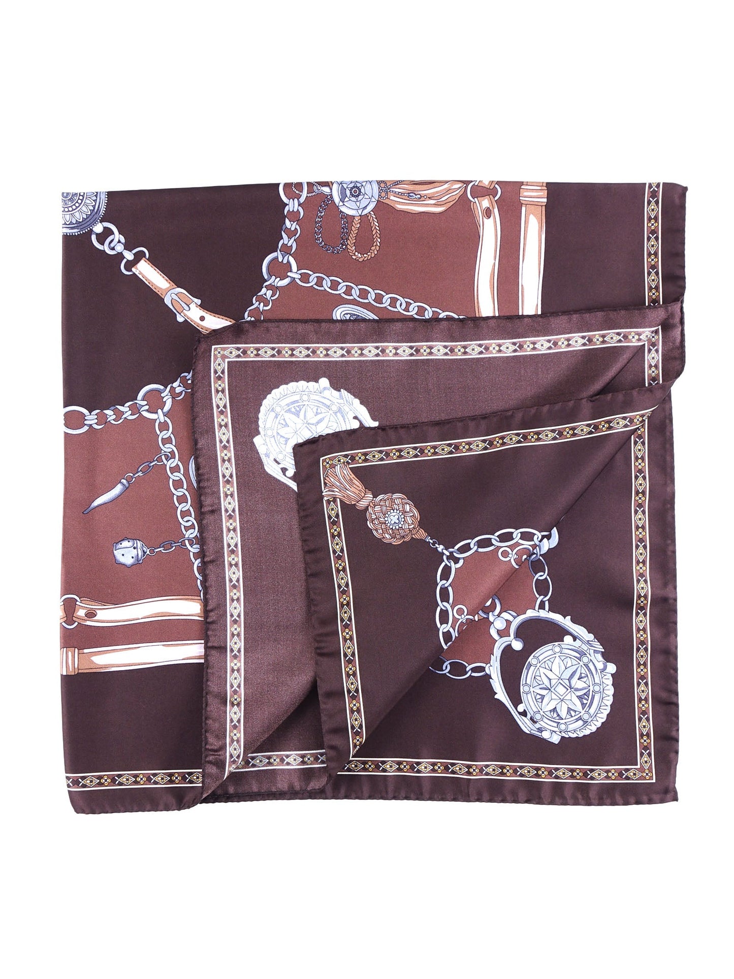 Brown silk printed scarf 90x90cm GOOD LUCK