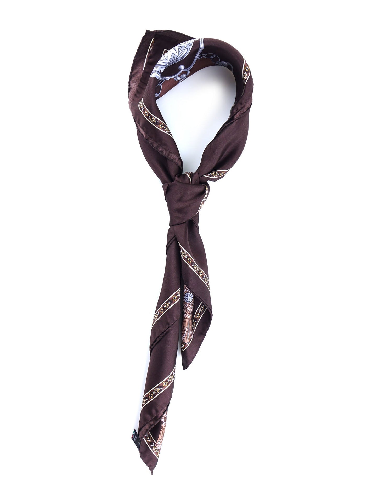 Brown silk printed scarf 90x90cm GOOD LUCK