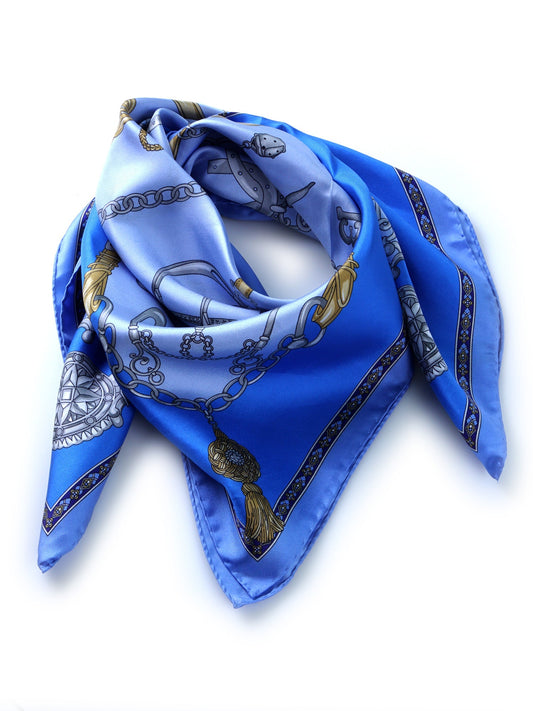 Light blue silk scarf 90x90cm printed GOOD LUCK